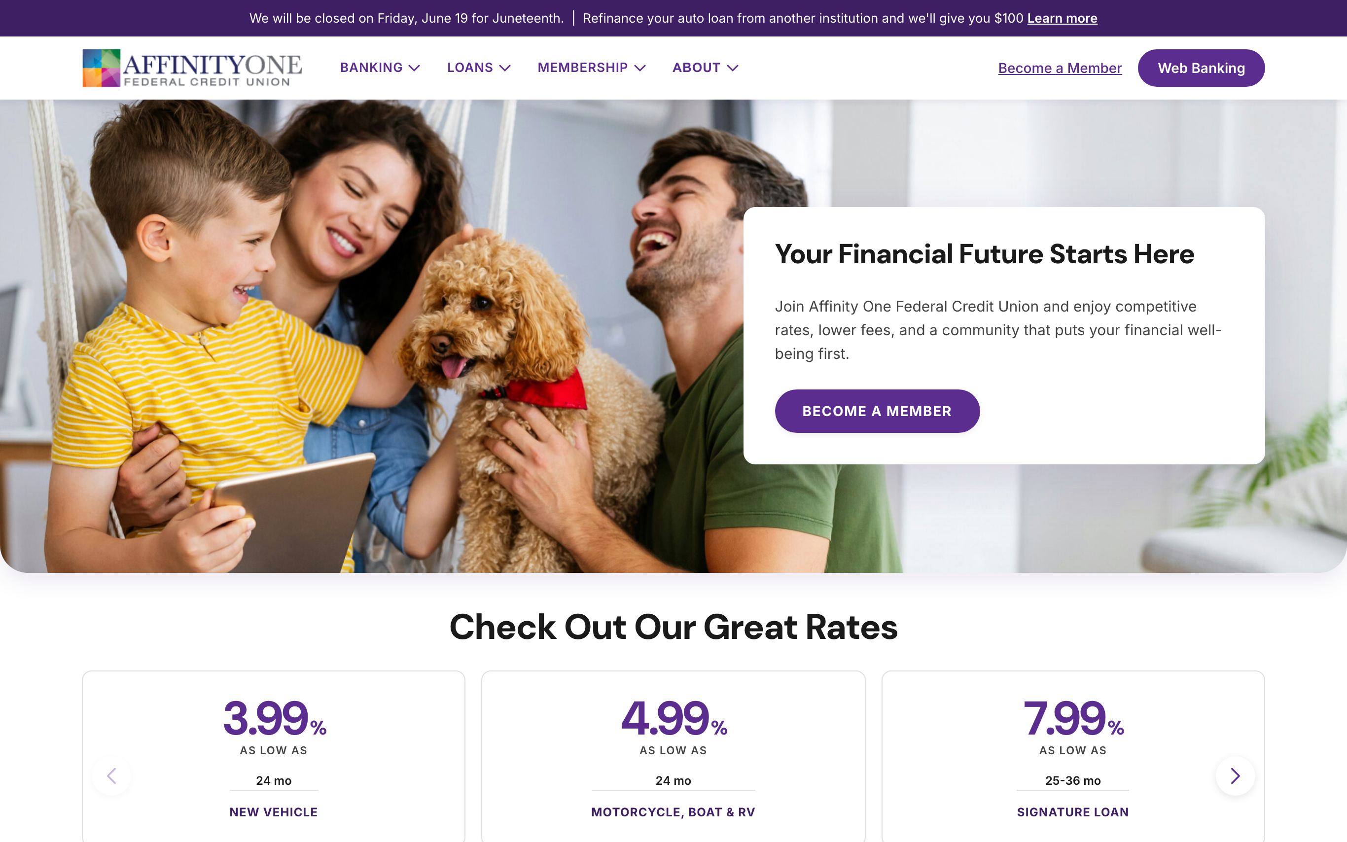 Screenshot of affinityonefcu.org homepage