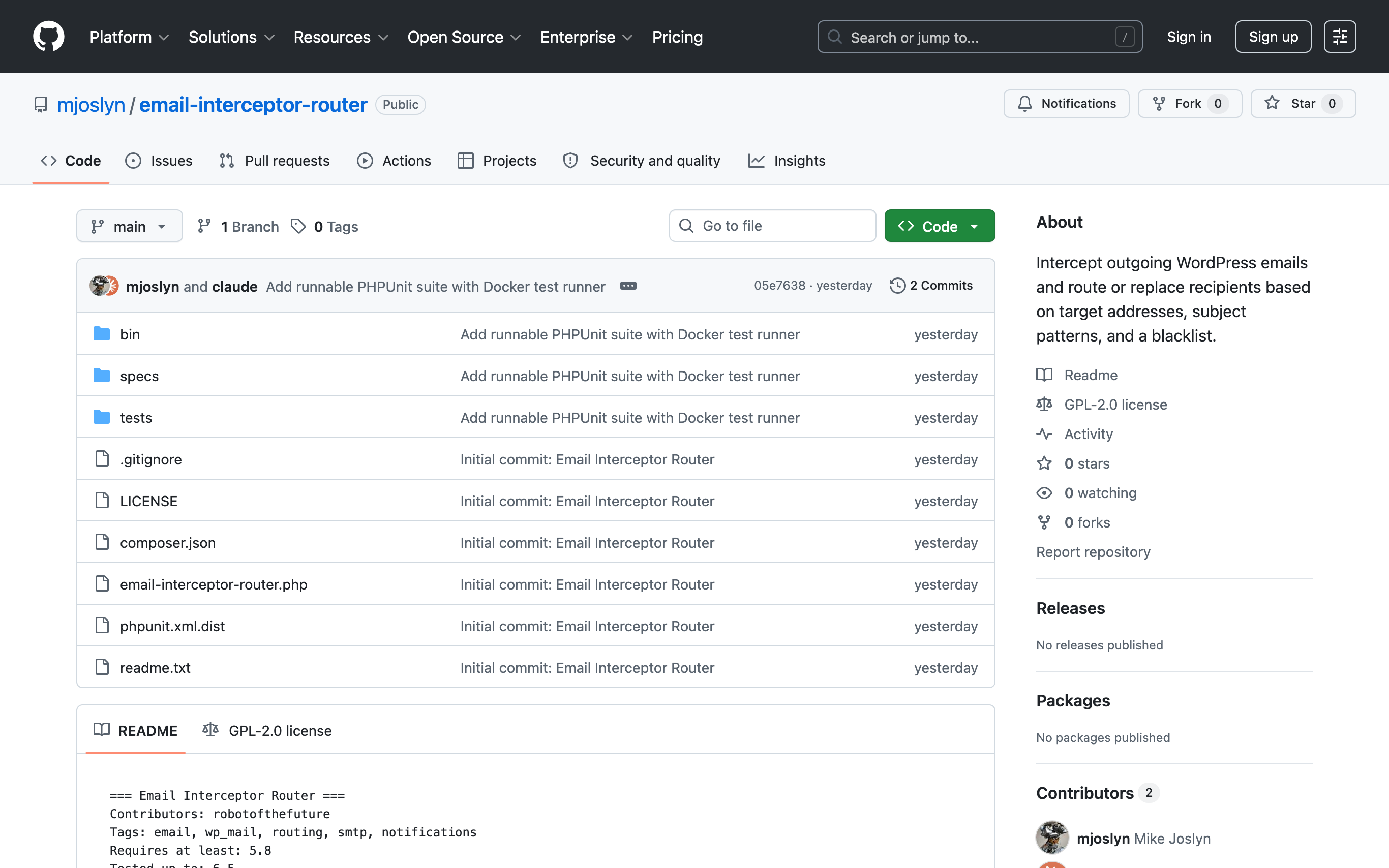 Screenshot of the Email Interceptor Router GitHub repository