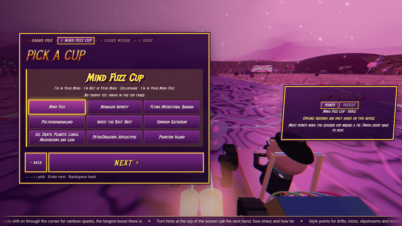 Screenshot of the GizzRacer cup picker