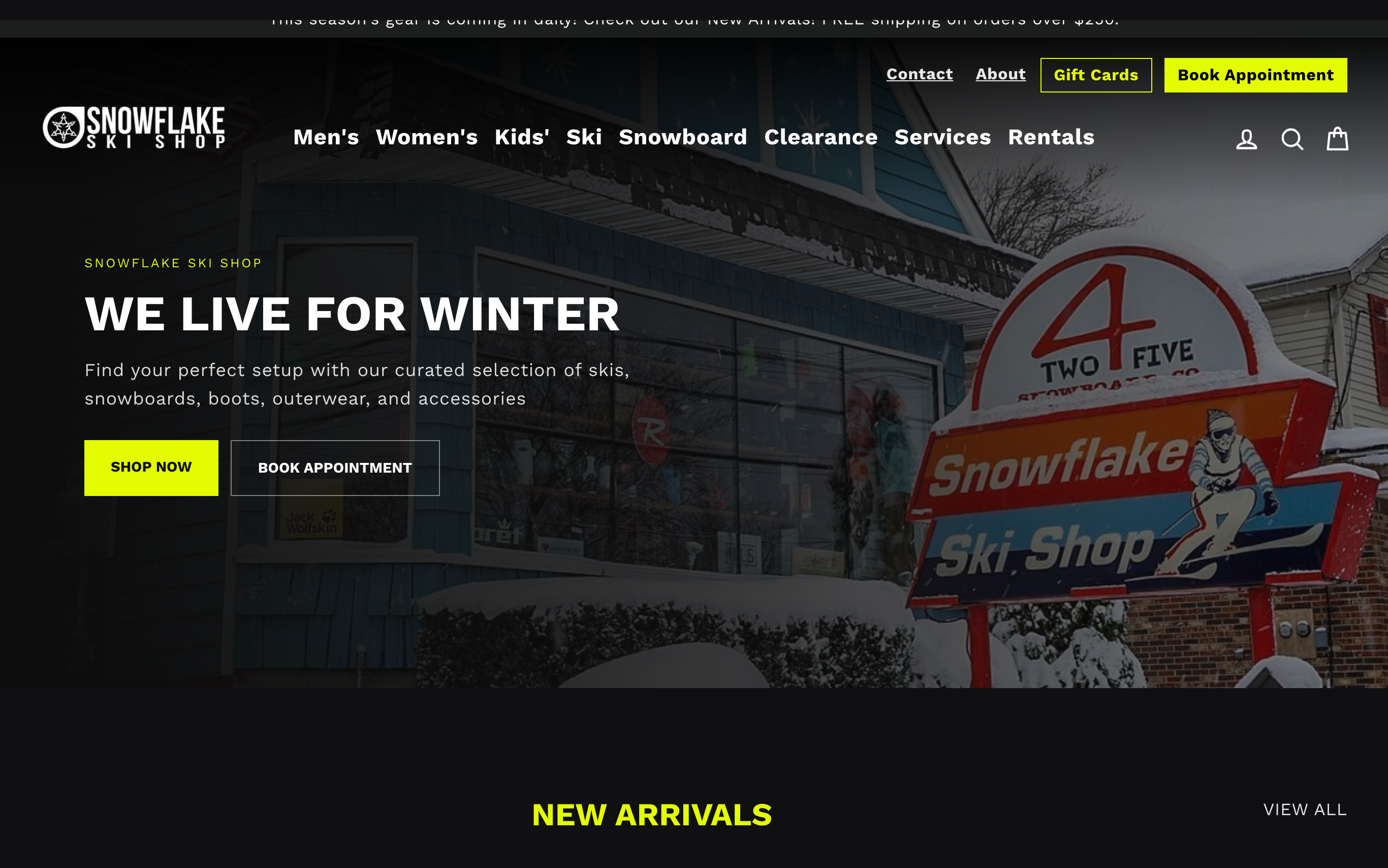 Screenshot of the snowflakeskishop.com homepage